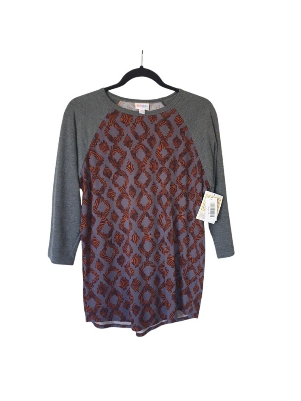 LuLaRoe Randy Baseball Tee Rust Gray Print Raglan Sleeves Casual Womens Size M